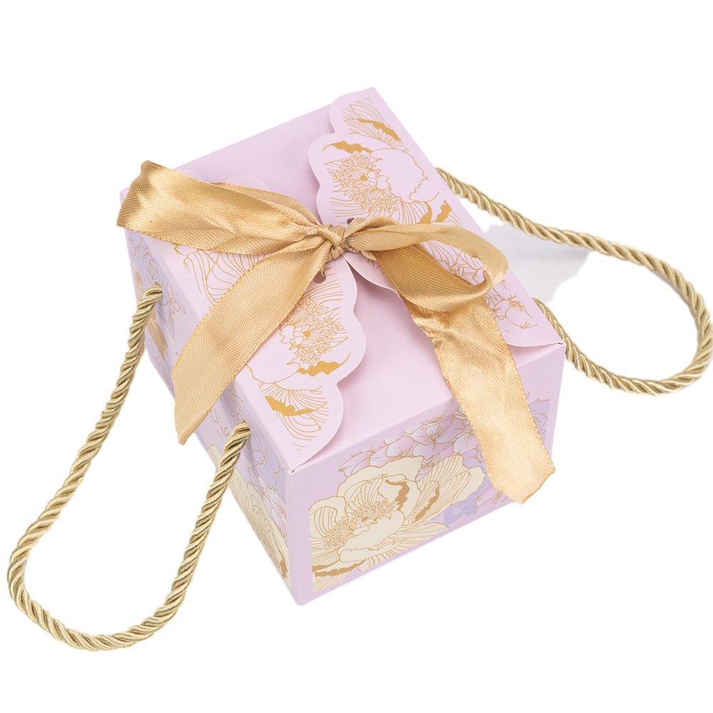 Cutie mică cu panglică și mâner din sfoară model floral - mov (set 50 buc)