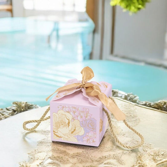 Cutie mică cu panglică și mâner din sfoară model floral - mov (set 50 buc)