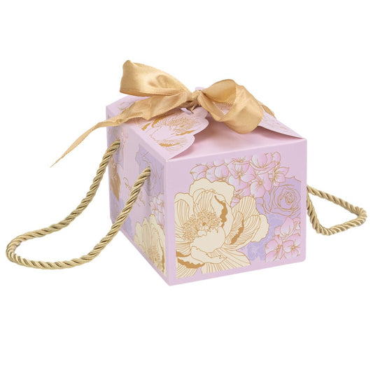 Cutie mică cu panglică și mâner din sfoară model floral - mov (set 50 buc)