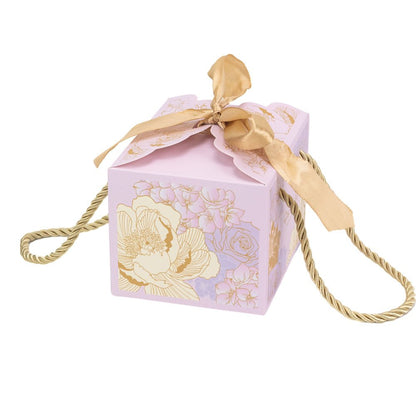 Cutie mică cu panglică și mâner din sfoară model floral - mov (set 50 buc)