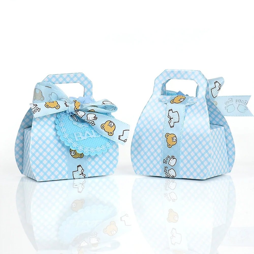 Cutie mică din hârtie cu etichetă și panglică mesaj Baby - bleu (set 50 buc)