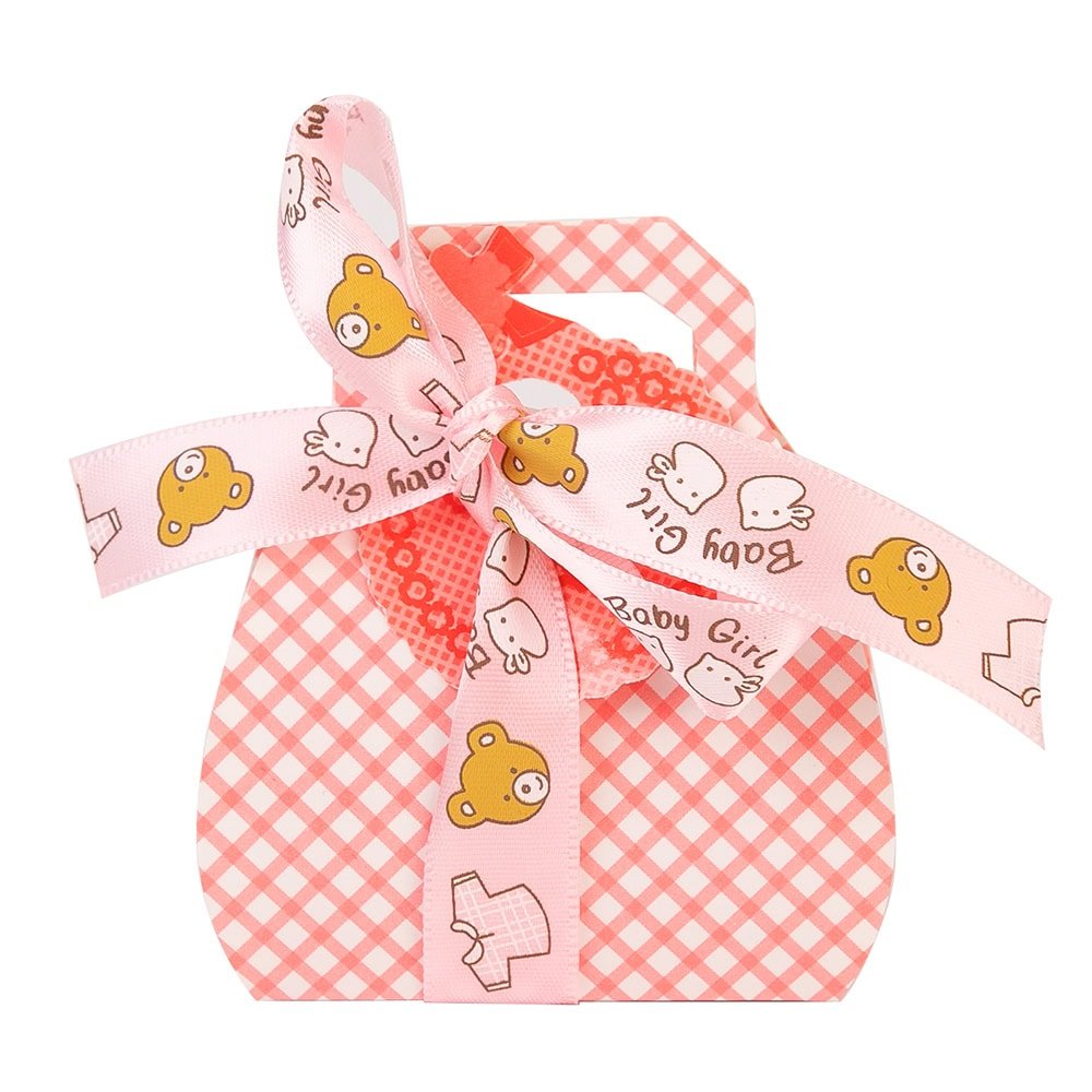 Cutie mică din hârtie cu etichetă și panglică mesaj Baby - roz (set 50 buc)