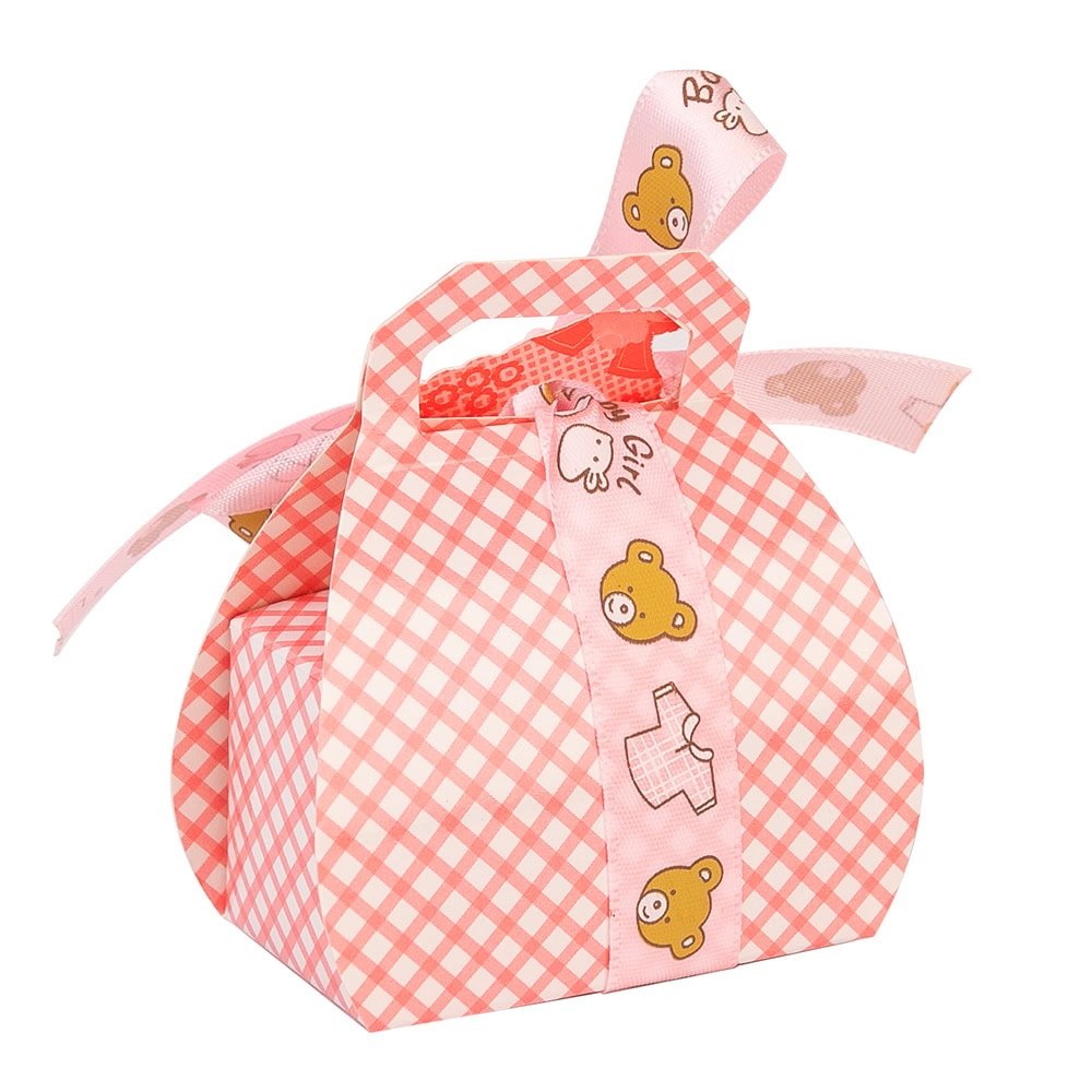 Cutie mică din hârtie cu etichetă și panglică mesaj Baby - roz (set 50 buc)