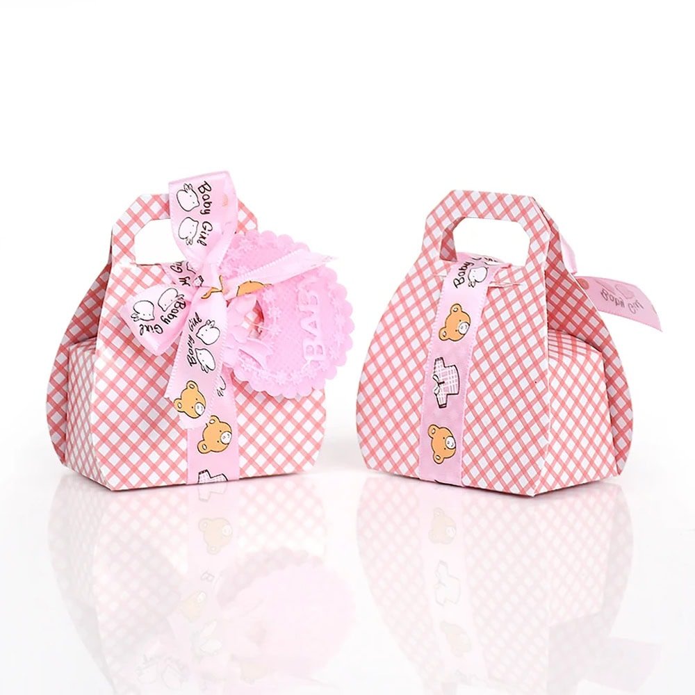 Cutie mică din hârtie cu etichetă și panglică mesaj Baby - roz (set 50 buc)
