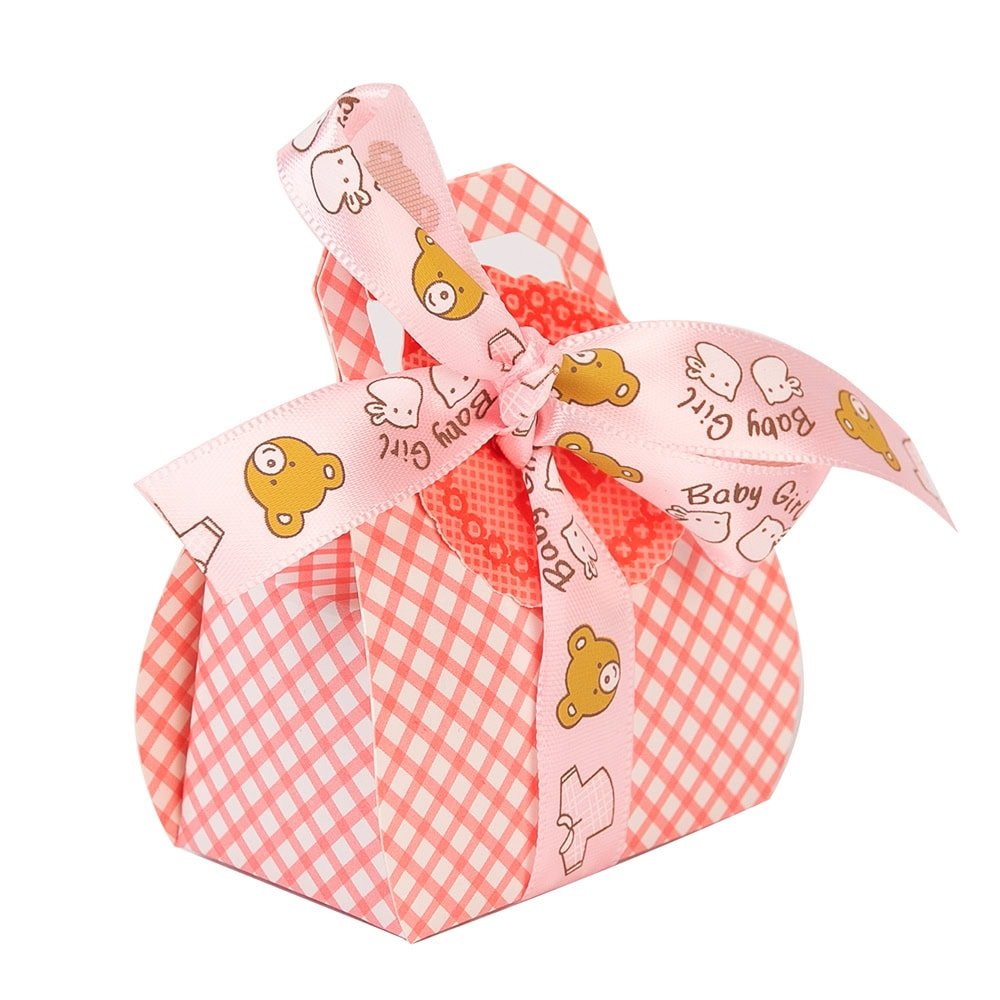Cutie mică din hârtie cu etichetă și panglică mesaj Baby - roz (set 50 buc)