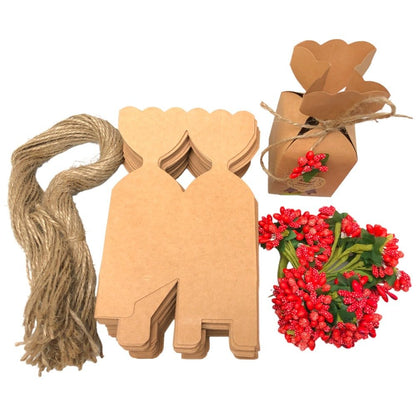 Cutie mică în formă de vază cu floare, sfoară și etichetă - kraft (set 50 buc) 5x5x12cm