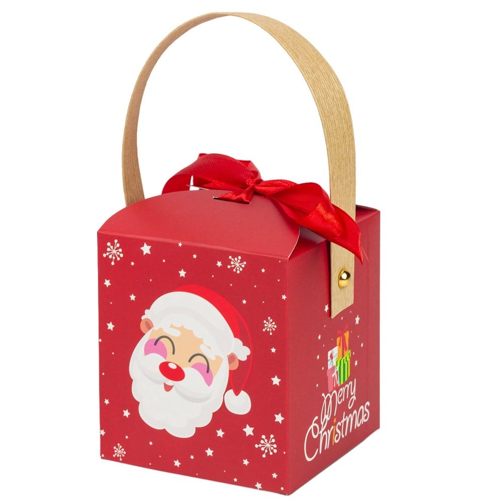 Cutie mică pătrată Crăciun cu fereastră, mâner kraft și fundă - roșu (set 50 buc)
