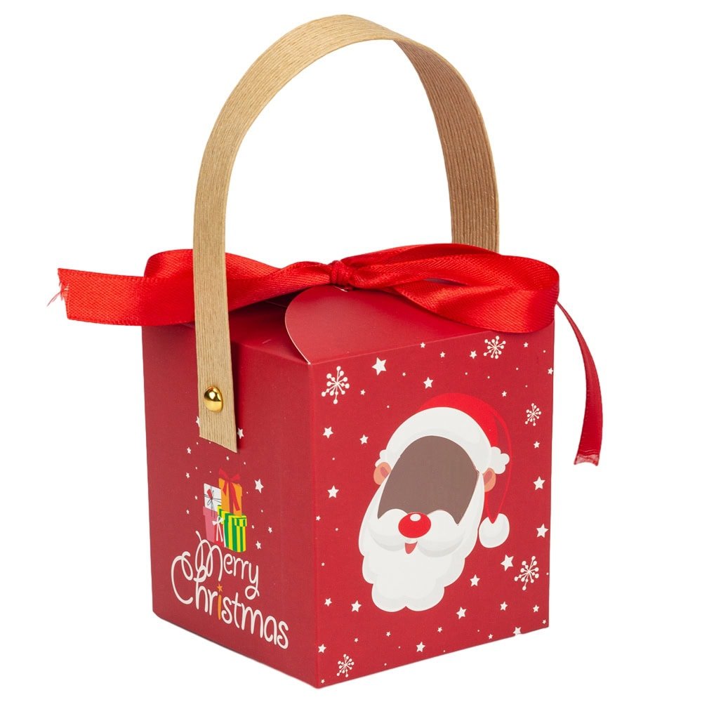 Cutie mică pătrată Crăciun cu fereastră, mâner kraft și fundă - roșu (set 50 buc)