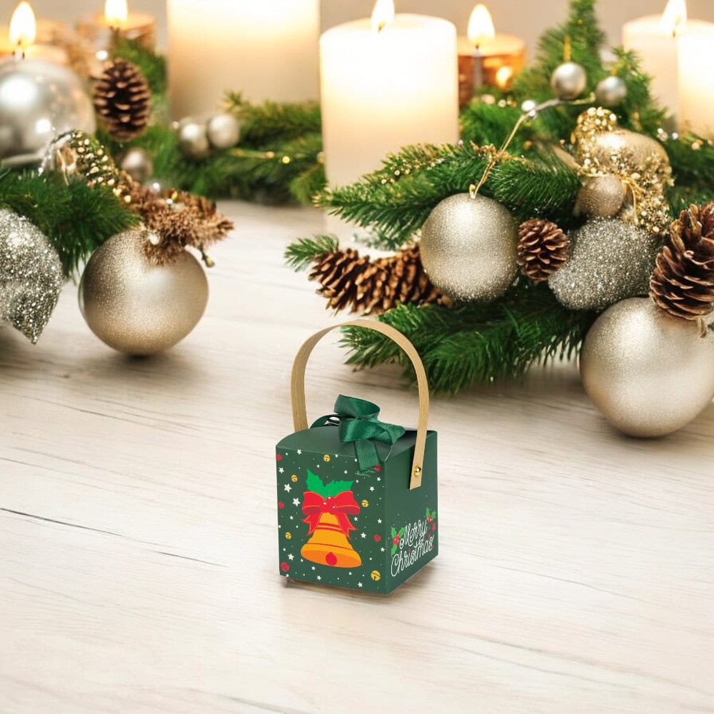 Cutie mică pătrată Crăciun cu fereastră, mâner kraft și fundă - verde (set 50 buc)