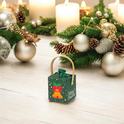 Cutie mică pătrată Crăciun cu fereastră, mâner kraft și fundă - verde (set 50 buc)