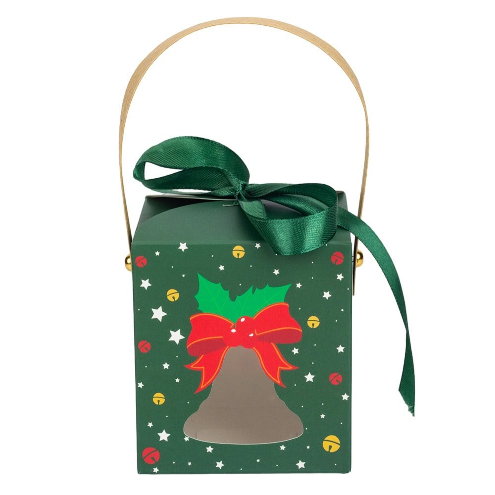 Cutie mică pătrată Crăciun cu fereastră, mâner kraft și fundă - verde (set 50 buc)