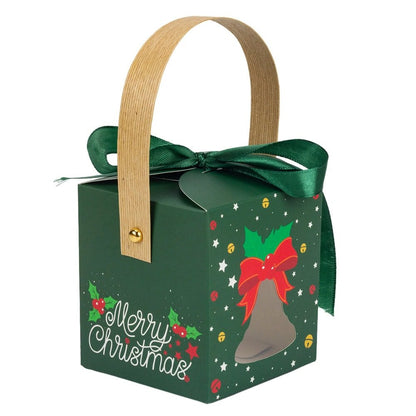 Cutie mică pătrată Crăciun cu fereastră, mâner kraft și fundă - verde (set 50 buc)