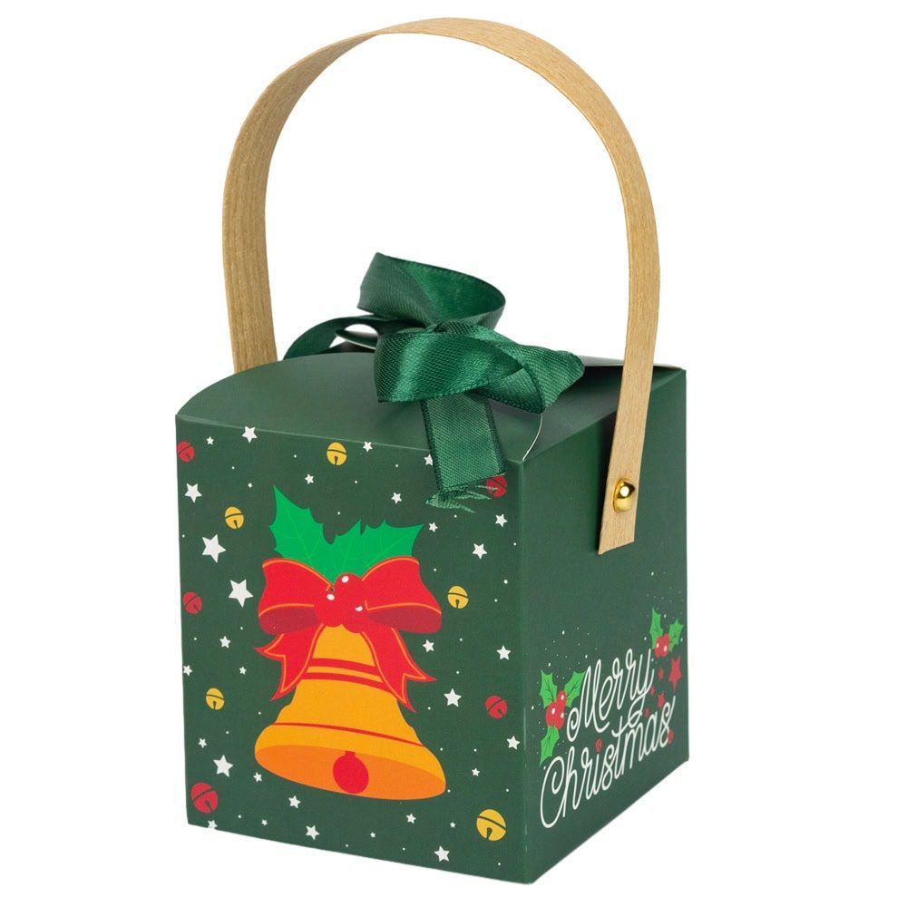 Cutie mică pătrată Crăciun cu fereastră, mâner kraft și fundă - verde (set 50 buc)