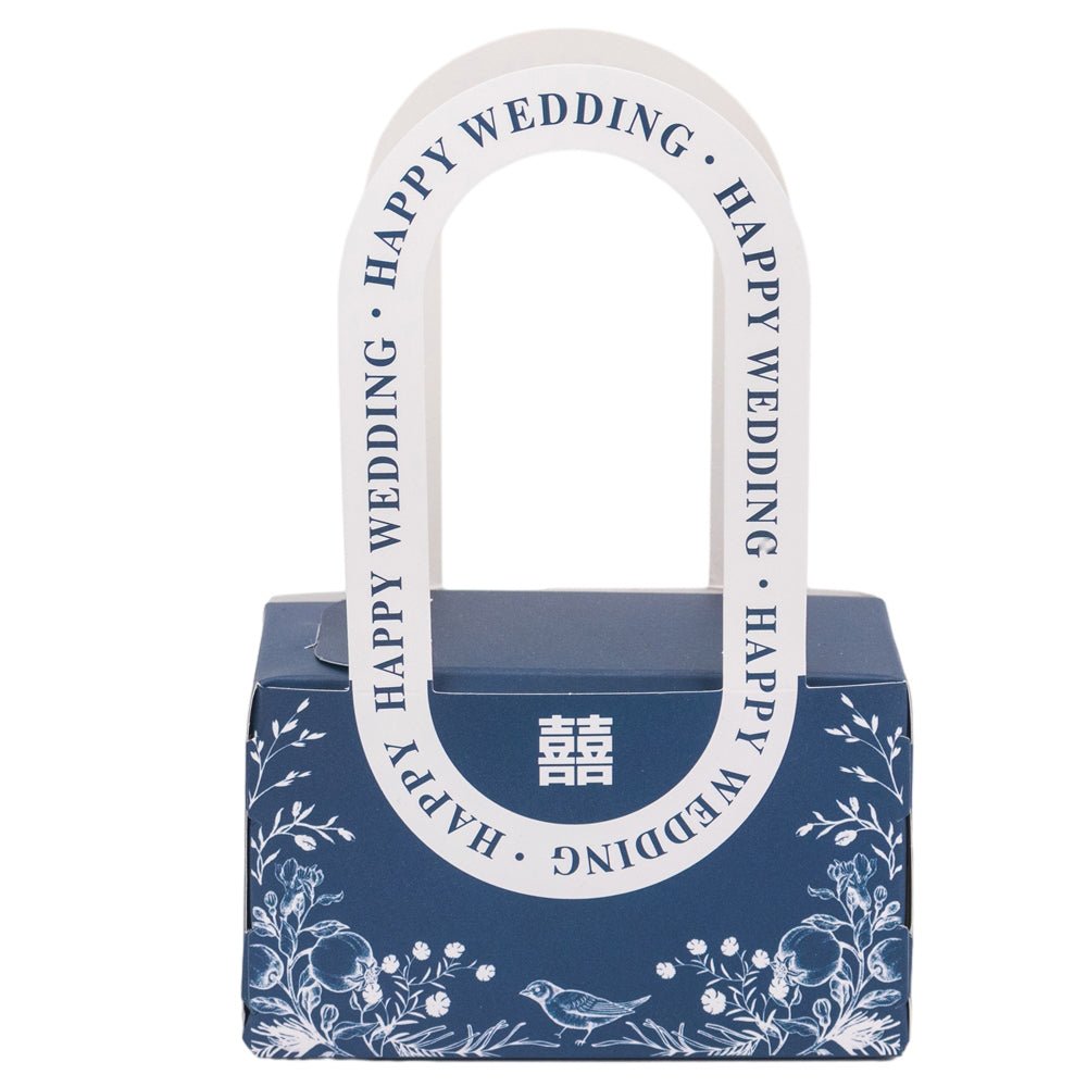 Cutie model floral cu mâner și mesaj Happy wedding - albastru (set 25 buc) - 10x6x5cm