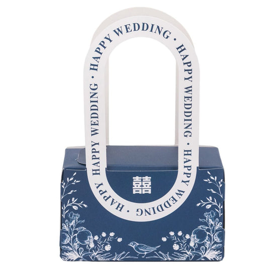 Cutie model floral cu mâner și mesaj Happy wedding - albastru (set 25 buc) - 10x6x5cm