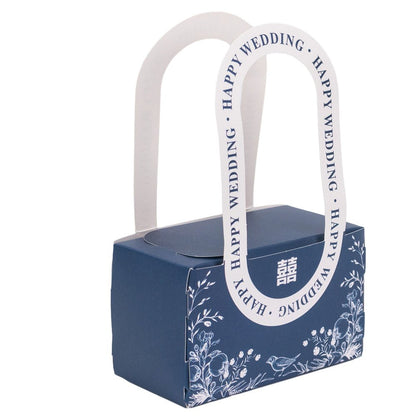Cutie model floral cu mâner și mesaj Happy wedding - albastru (set 25 buc) - 10x6x5cm