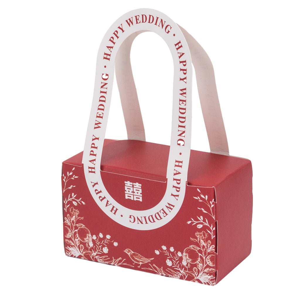 Cutie model floral cu mâner și mesaj Happy wedding - roșu (set 25 buc) - 10x6x5cm