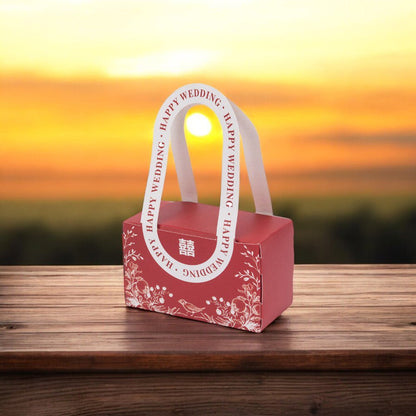Cutie model floral cu mâner și mesaj Happy wedding - roșu (set 25 buc) - 10x6x5cm