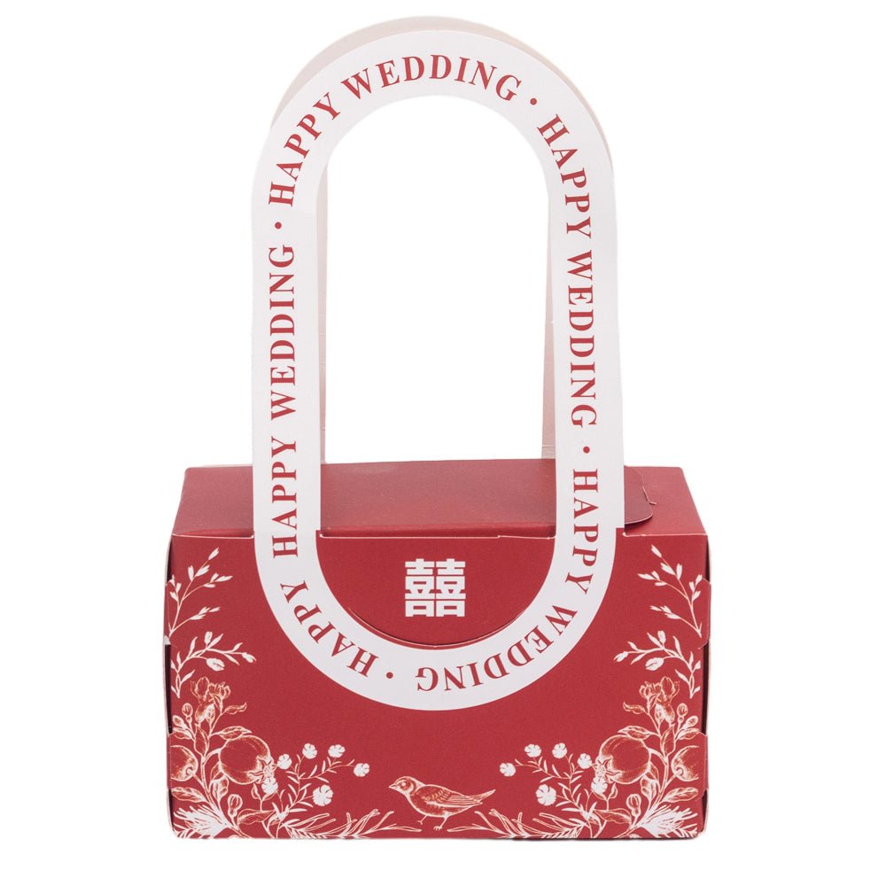 Cutie model floral cu mâner și mesaj Happy wedding - roșu (set 25 buc) - 10x6x5cm