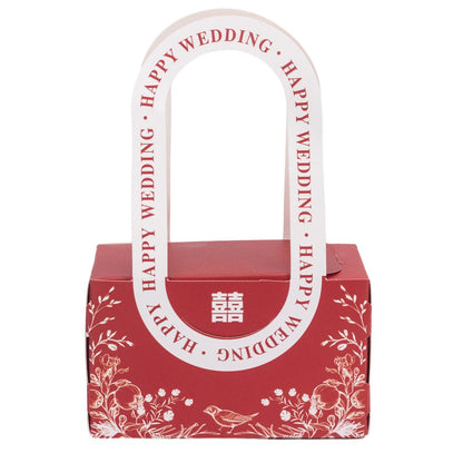 Cutie model floral cu mâner și mesaj Happy wedding - roșu (set 25 buc) - 10x6x5cm