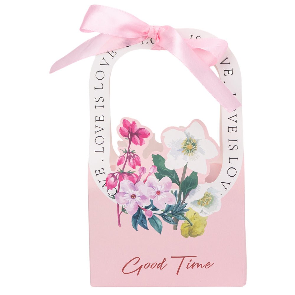Cutie model floral cu mâner și panglică - roz (set 25 buc) - 17x12x6cm