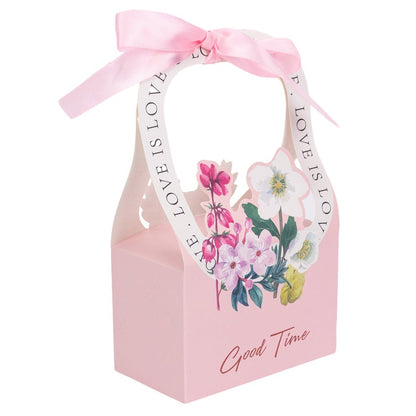 Cutie model floral cu mâner și panglică - roz (set 25 buc) - 17x12x6cm