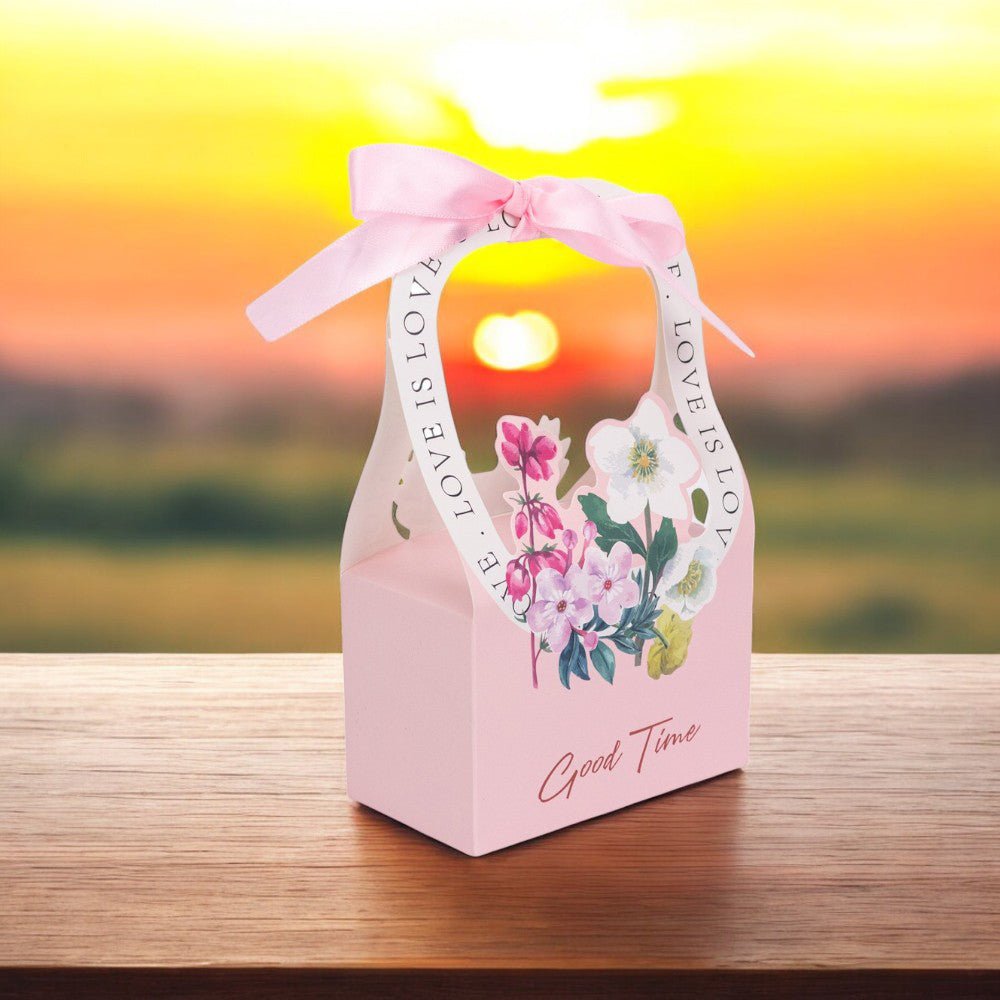 Cutie model floral cu mâner și panglică - roz (set 25 buc) - 17x12x6cm