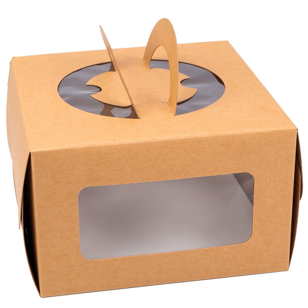 Cutii pătrate kraft cu fereastră și mâner decorativ (set 10 buc)