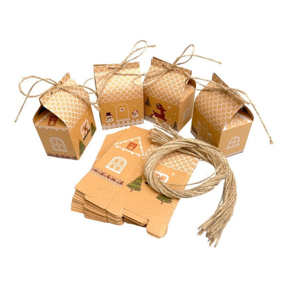 Cutii Crăciun în formă de căsuță cu sfoară iută mix 4 modele (set 24 buc) 5x7x10.5cm