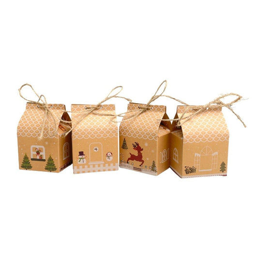 Cutii Crăciun în formă de căsuță cu sfoară iută mix 4 modele (set 24 buc) 5x7x10.5cm