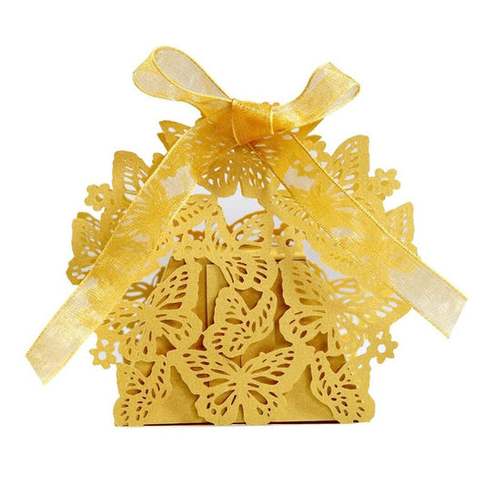 Cutiuță cu fundă model fluturași 6,3x4cm - auriu (set 50 buc)