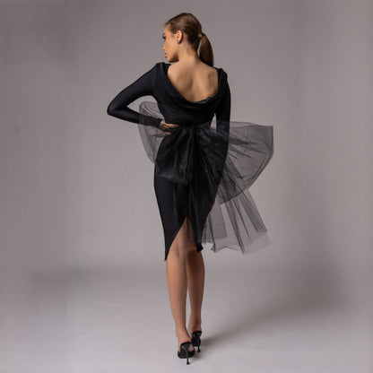 Rochie neagra midi cu funda supradimensionata din tulle Celine