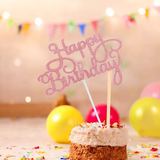 Decorațiune tort Happy Birthday - Roz (set 10 buc) 8x14cm
