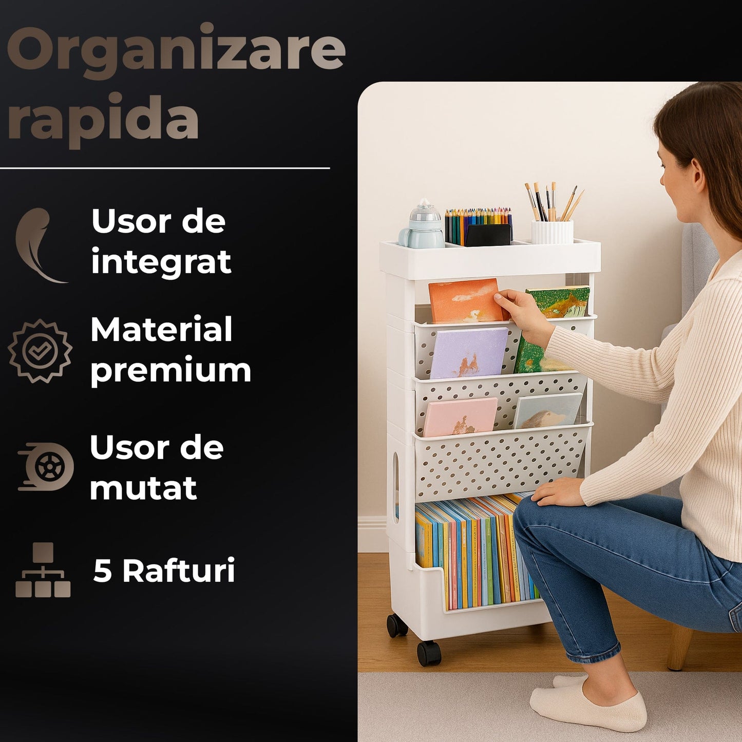Etajera Multifunctionala cu 5 Rafturi pe Roti, Birou, Clasa sau Dormitor, Gri
