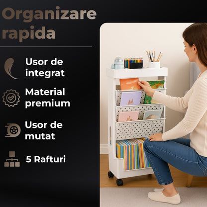 Etajera Multifunctionala cu 5 Rafturi pe Roti, Birou, Clasa sau Dormitor, Gri