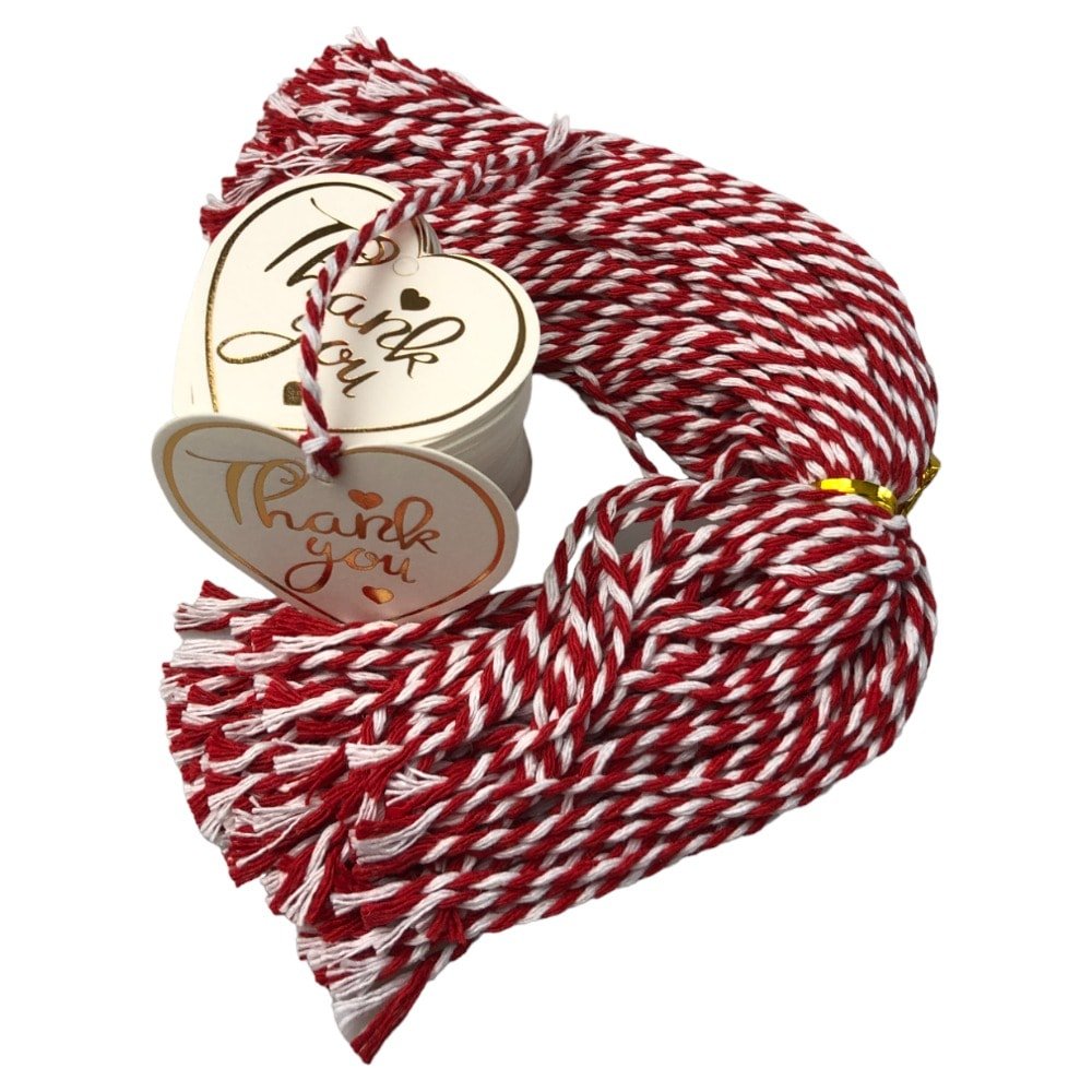 Etichete din hârtie în formă de inimă Thank you 5cm - alb (set 100 buc)