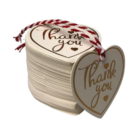 Etichete din hârtie în formă de inimă Thank you 5cm - alb (set 100 buc)