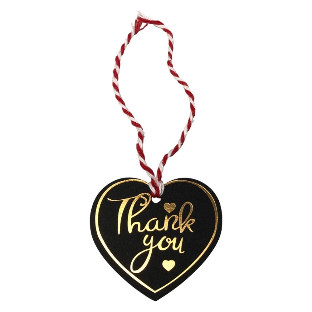 Etichete din hârtie în formă de inimă Thank you 5cm - negru (set 100 buc)