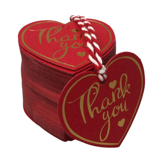 Etichete din hârtie în formă de inimă Thank you 5cm - roșu (set 100 buc)