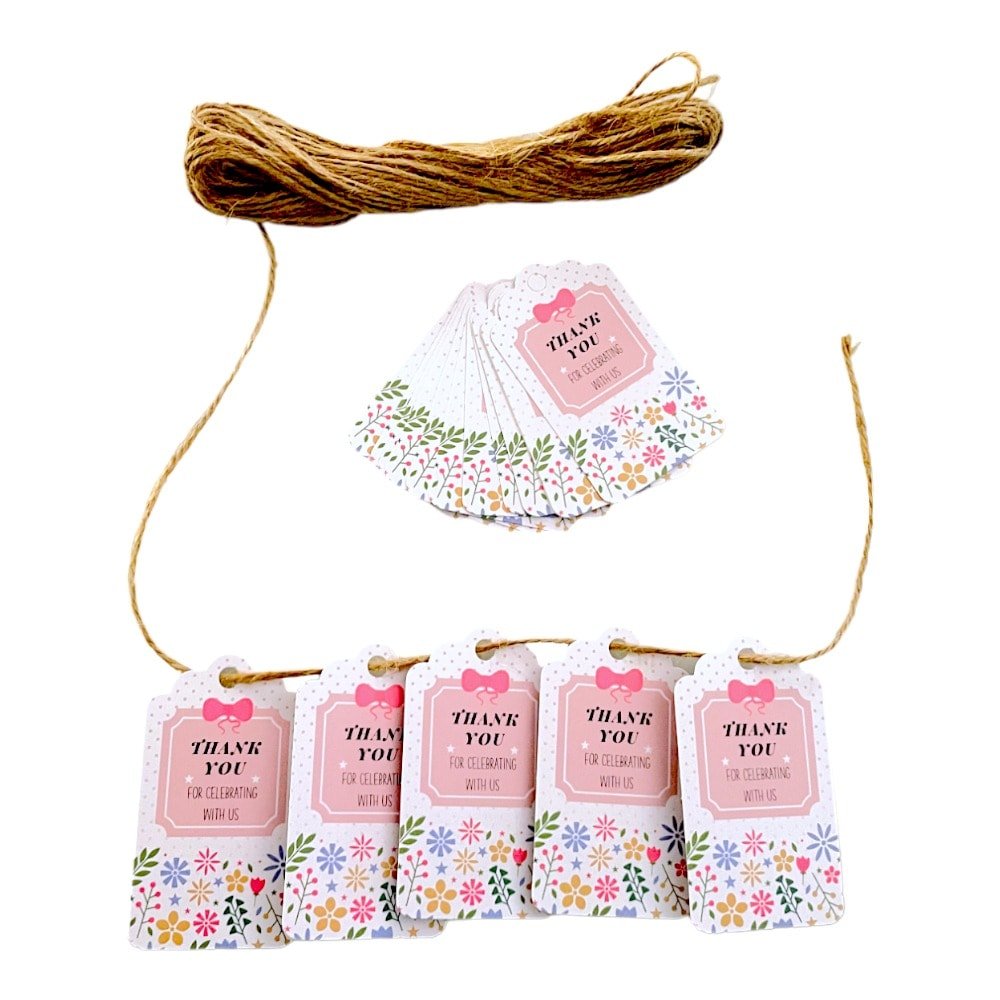 Etichete dreptunghiulare cu flori și mesaj Thank you 4x7cm - model 3 (set 50 buc)