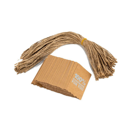 Etichete dreptunghiulare cu sfoară și mesaj 100% Handmade for you - kraft (set 100 buc)