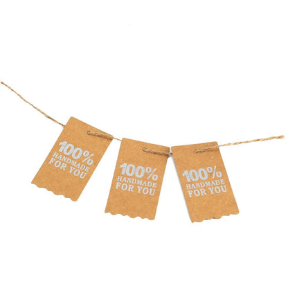 Etichete dreptunghiulare cu sfoară și mesaj 100% Handmade for you - kraft (set 100 buc)
