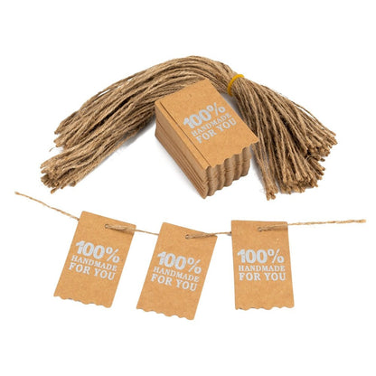 Etichete dreptunghiulare cu sfoară și mesaj 100% Handmade for you - kraft (set 100 buc)