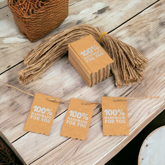 Etichete dreptunghiulare cu sfoară și mesaj 100% Handmade for you - kraft (set 100 buc)