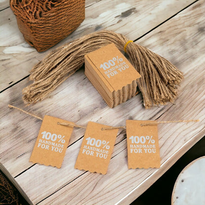 Etichete dreptunghiulare cu sfoară și mesaj 100% Handmade for you - kraft (set 100 buc)