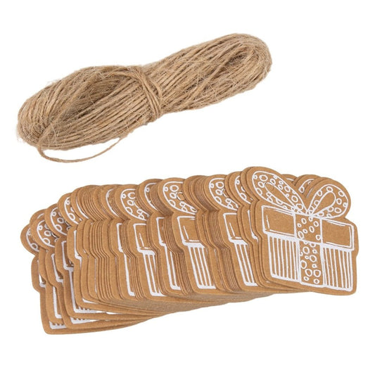 Etichete formă cadou de Crăciun cu sfoară - kraft (set 50 buc)