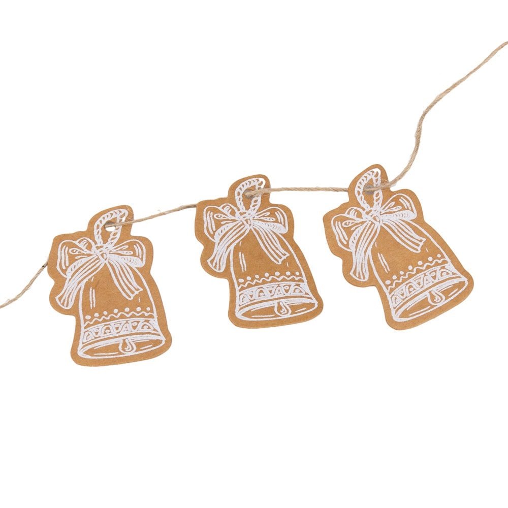 Etichete formă clopoțel de Crăciun cu sfoară - kraft (set 50 buc)