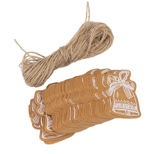 Etichete formă clopoțel de Crăciun cu sfoară - kraft (set 50 buc)