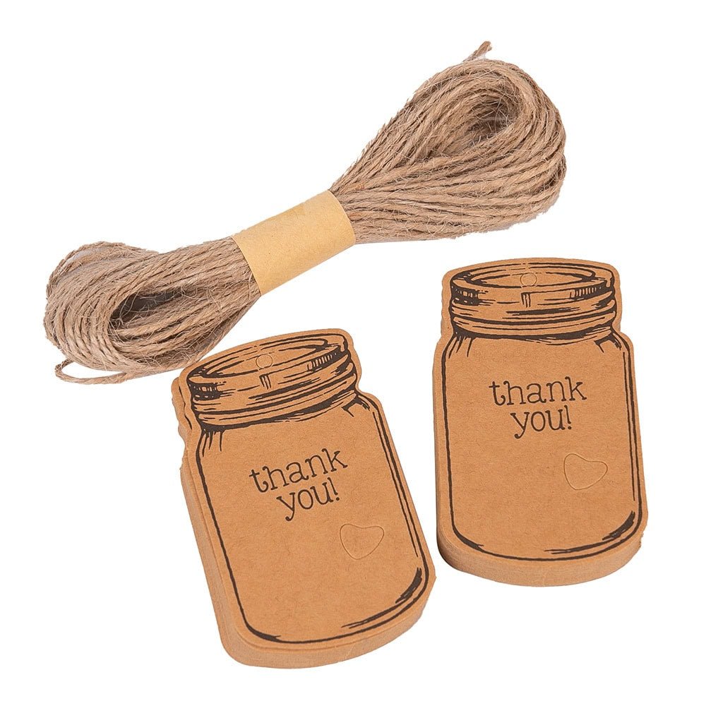 Etichete model borcan cu mesaj Thank you și sfoară iută - kraft (set 50 buc)