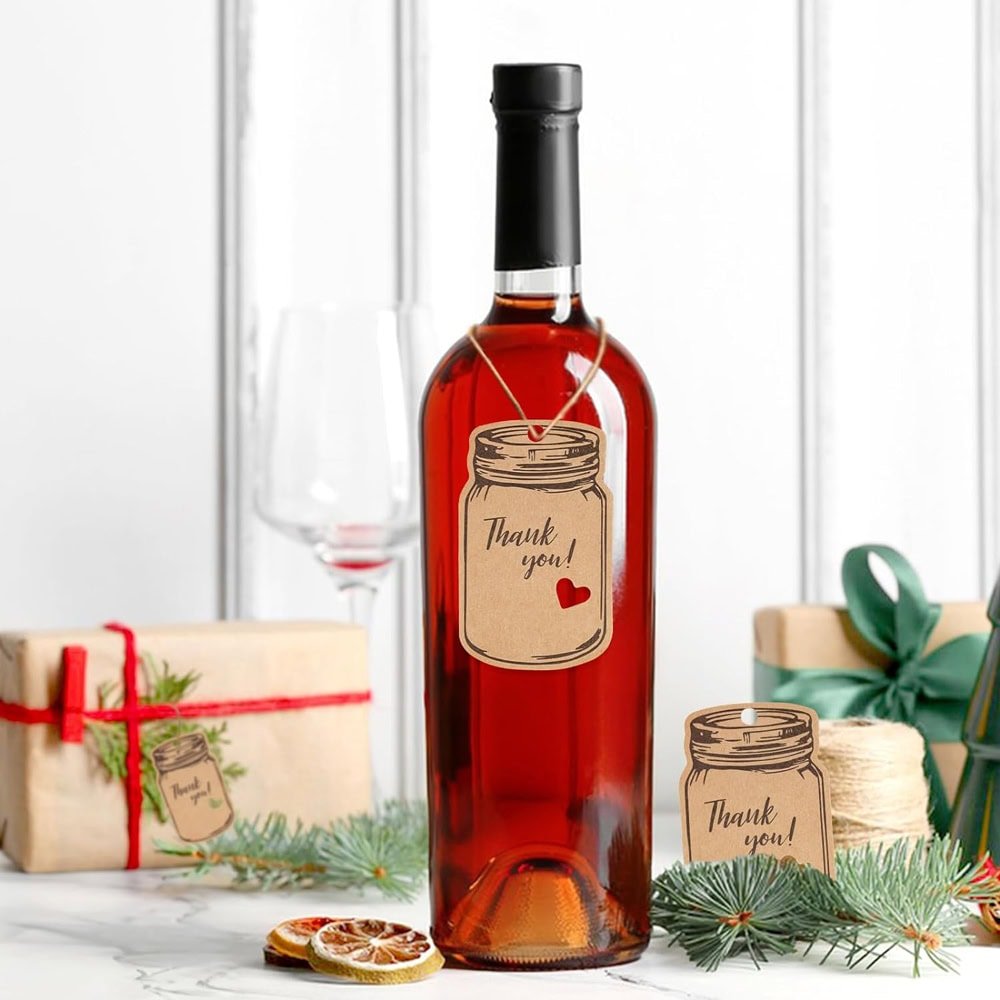 Etichete model borcan cu mesaj Thank you și sfoară iută - kraft (set 50 buc)